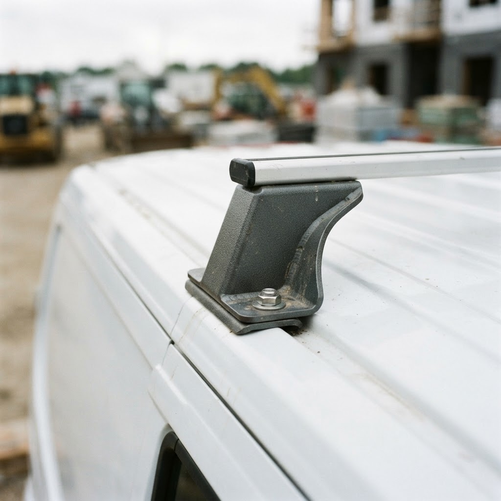 A close-up shot of the Vantech H1 mounting bracket secured to the roof of a white Ford Transit, show