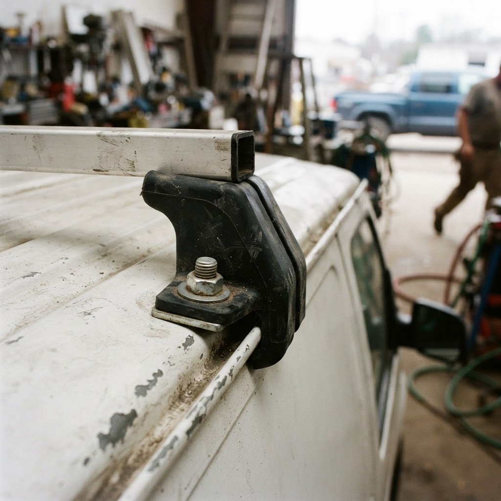 A close-up shot of a Vantech H1 mounting bracket secured to a van's drip rail, showing the rubber-di