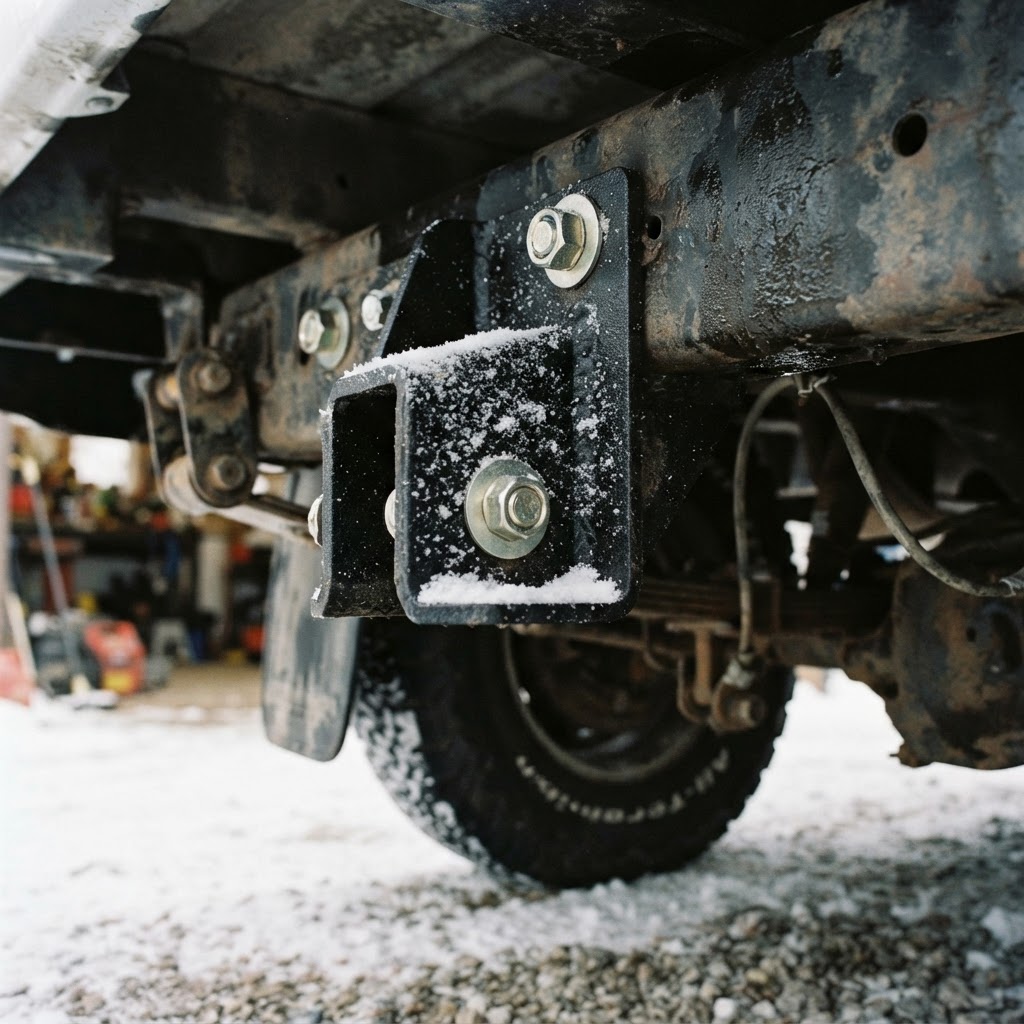 A close-up, low-angle shot of the heavy-duty steel mounting bracket bolted to a truck frame, showing