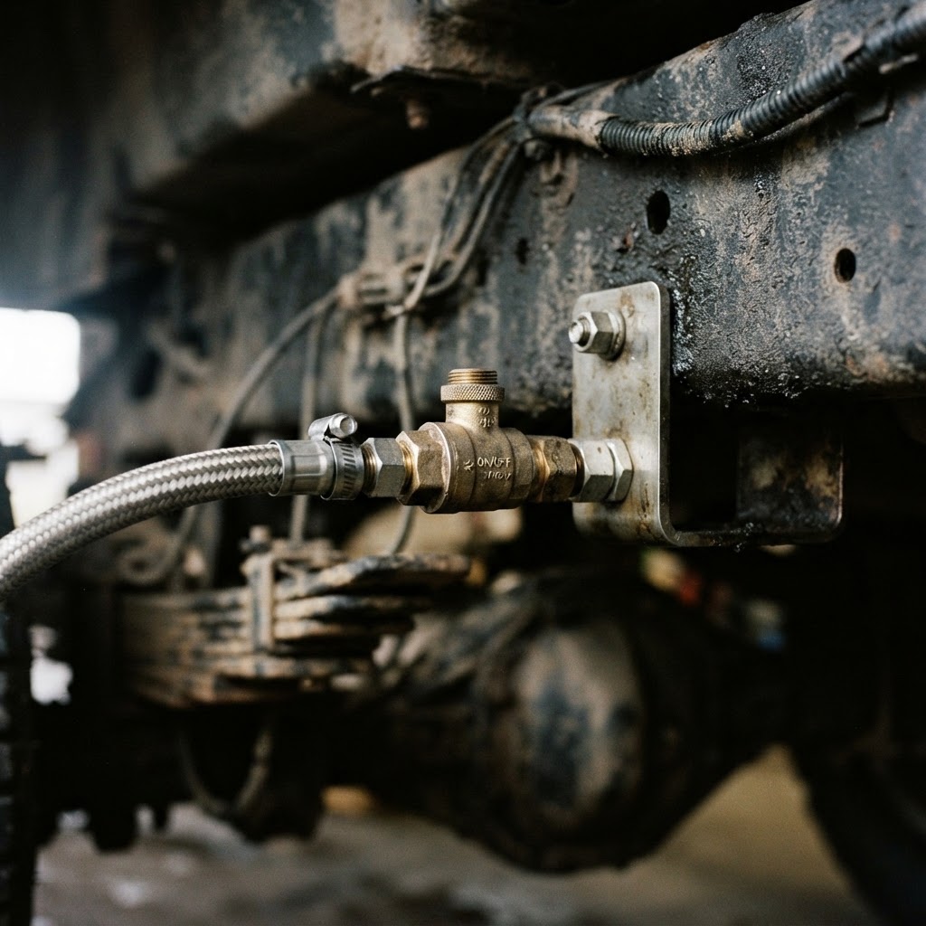 A close-up, high-contrast shot of a brass shut-off valve and fuel line connection tucked neatly unde