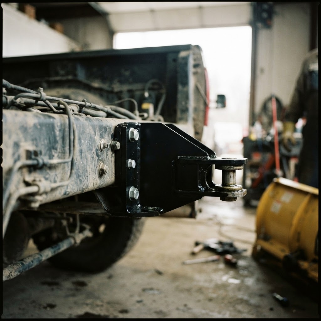 A close-up, high-contrast shot of a heavy-duty steel mounting bracket bolted to a truck frame, showi