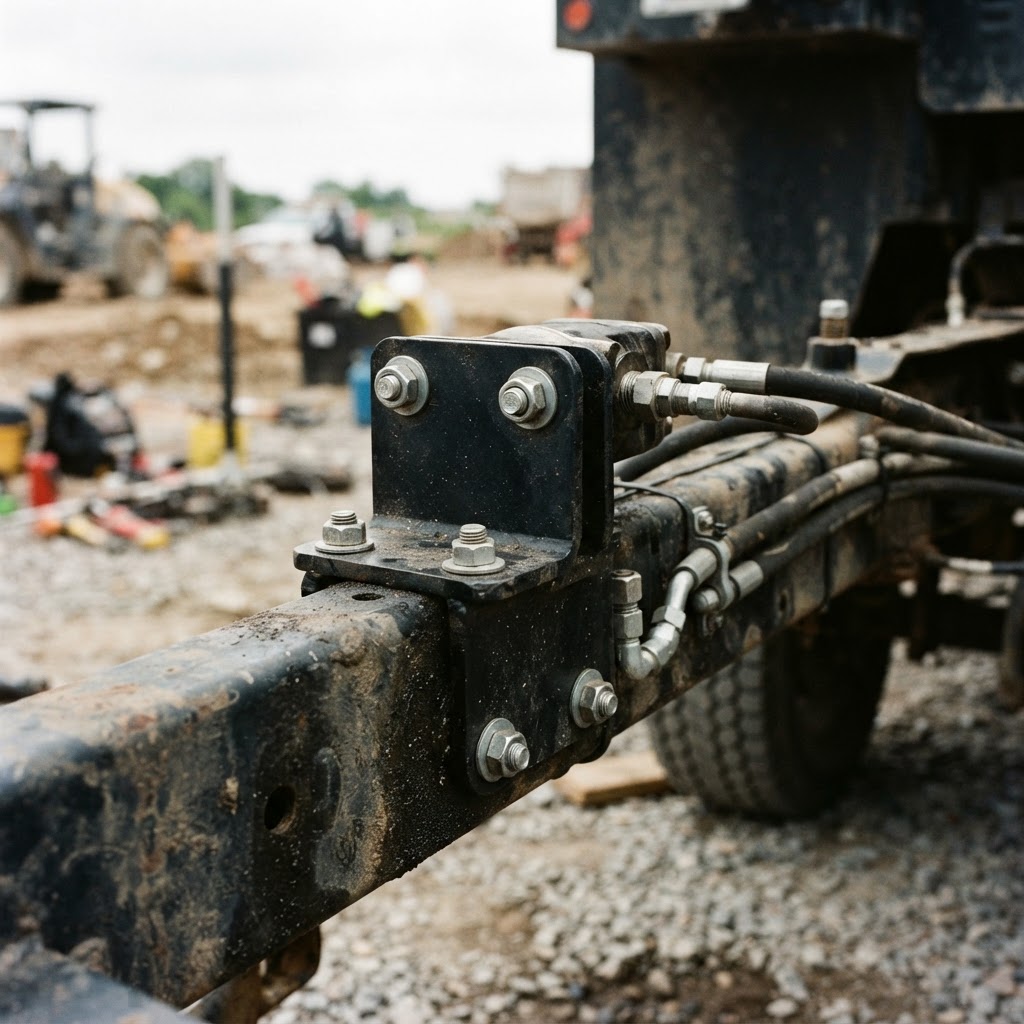 A close-up shot of the heavy-duty mounting bracket secured to the frame of a work truck, showing the
