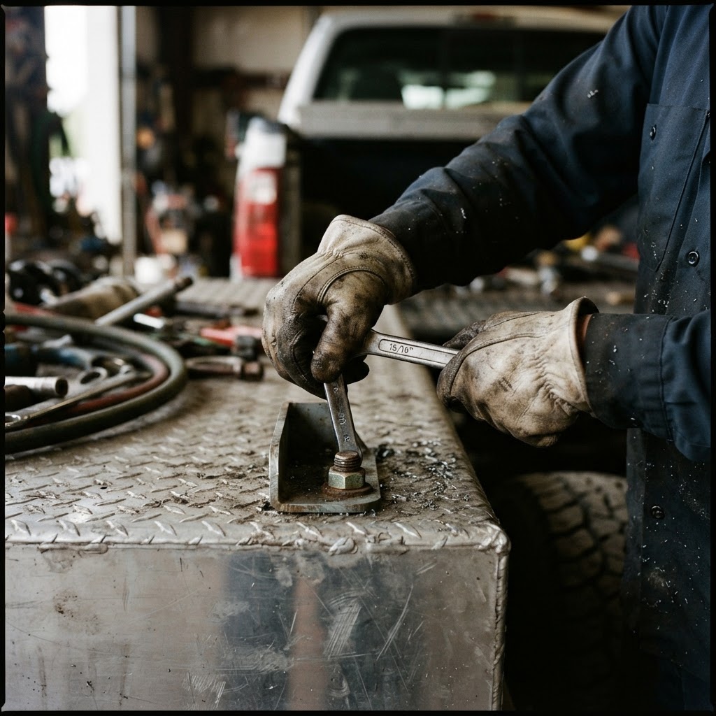 A close-up, high-contrast shot of a mechanic's gloved hands tightening a heavy-duty mounting bolt on
