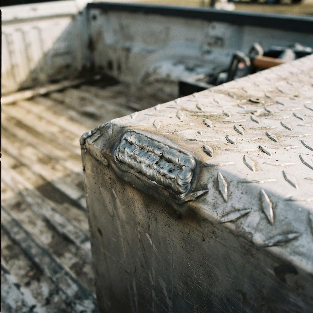A close-up, documentary-style shot of a heavy-duty aluminum weld on a transfer tank corner, showing 