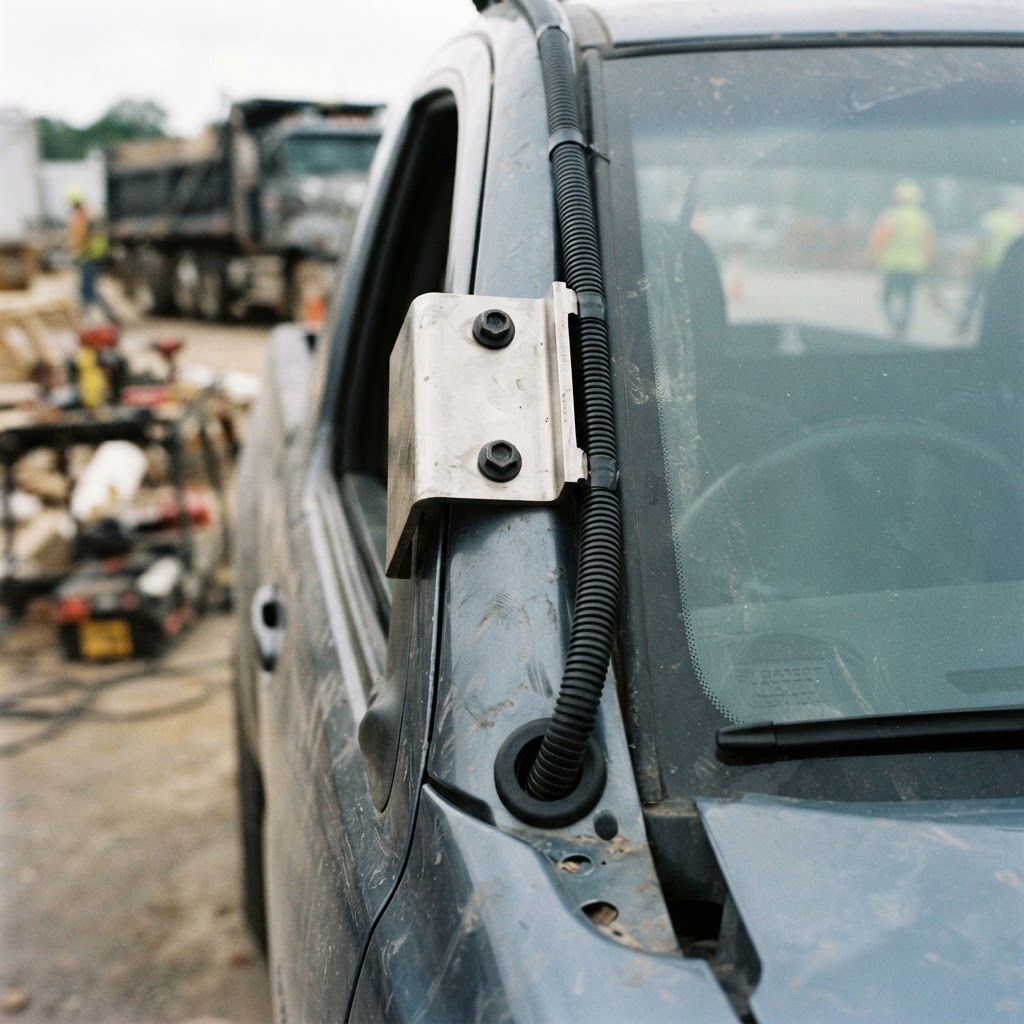 A close-up, high-contrast shot of a stainless steel mounting bracket bolted to a truck A-pillar, sho
