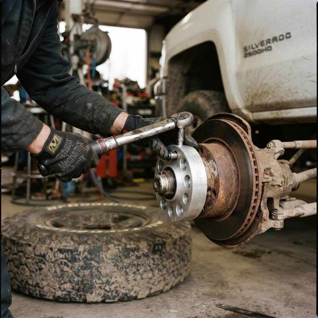 A close-up shot of a mechanic's gloved hands using a torque wrench to secure a 2-inch wheel spacer o