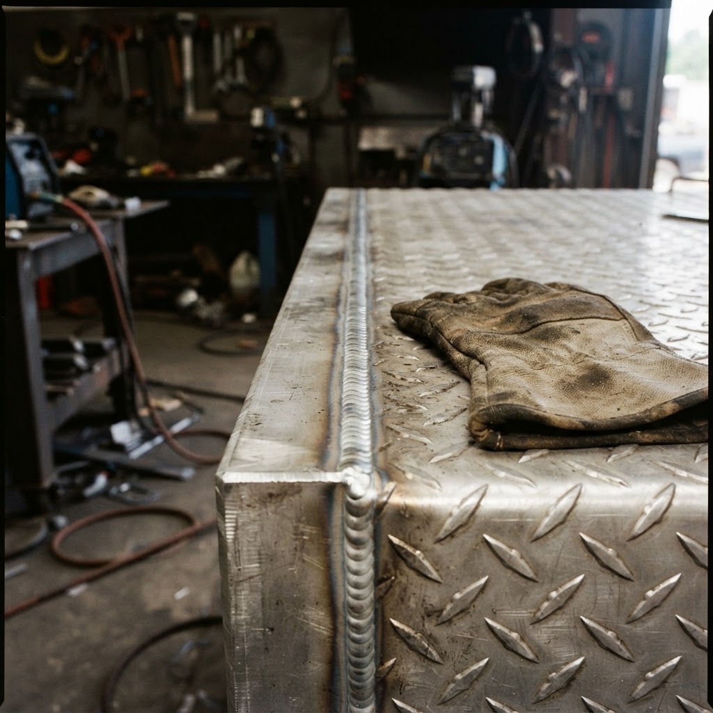 A close-up, high-contrast shot of a 0.125-inch thick aluminum weld on the corner of a transfer tank,