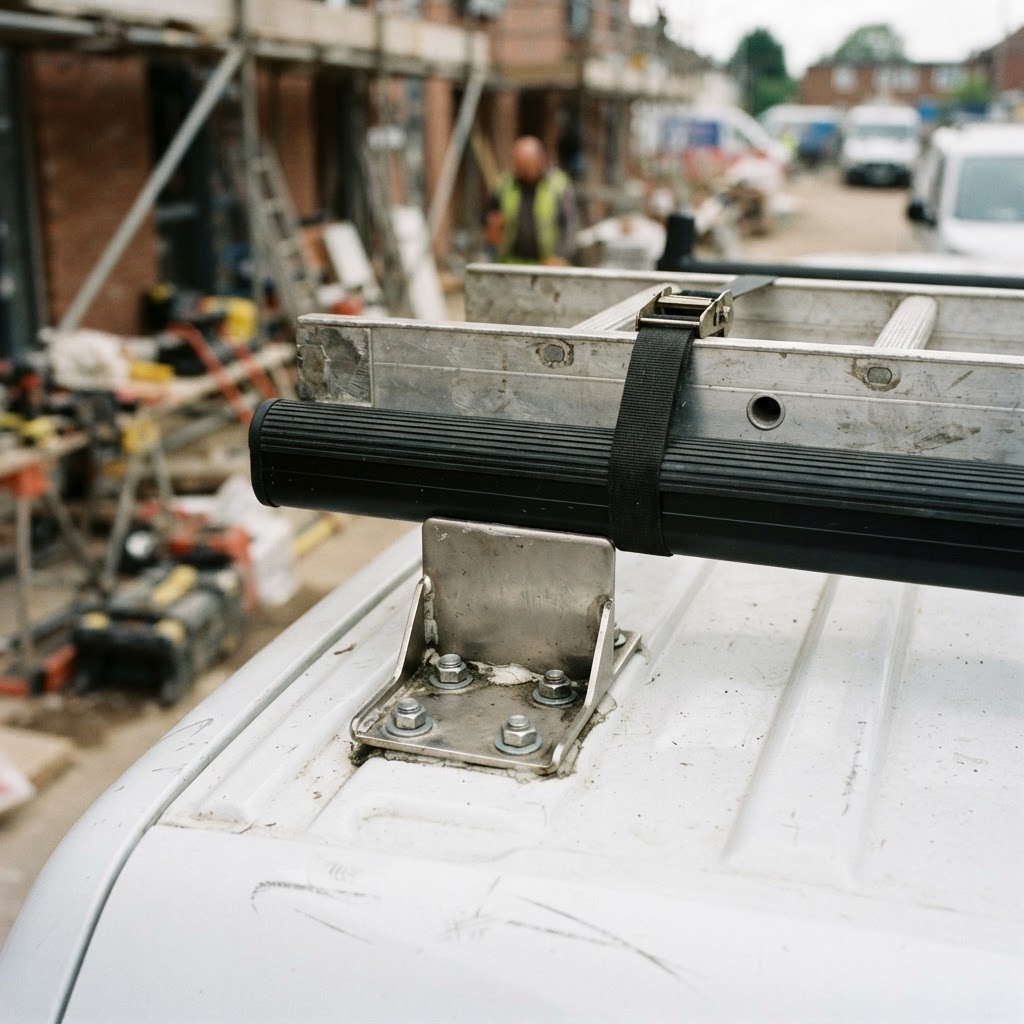 A close-up, high-contrast shot of a stainless steel Vantech H1 mounting bracket bolted to a van roof