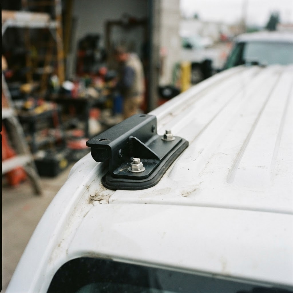 A close-up shot of the Vantech H1 mounting bracket secured to the roof of a Ford Transit, showing th