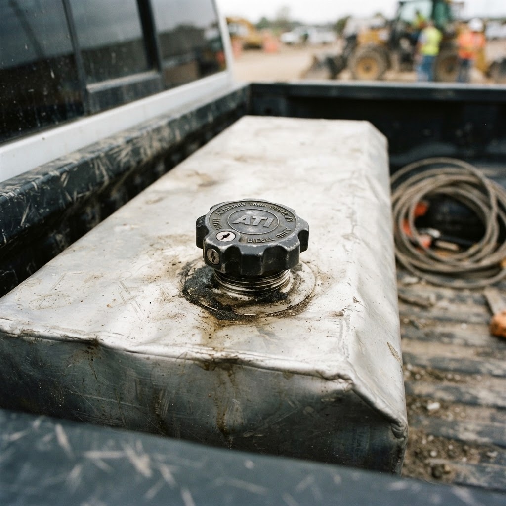 A close-up, high-contrast shot of a weathered, silver aluminum transfer tank in the bed of a work tr