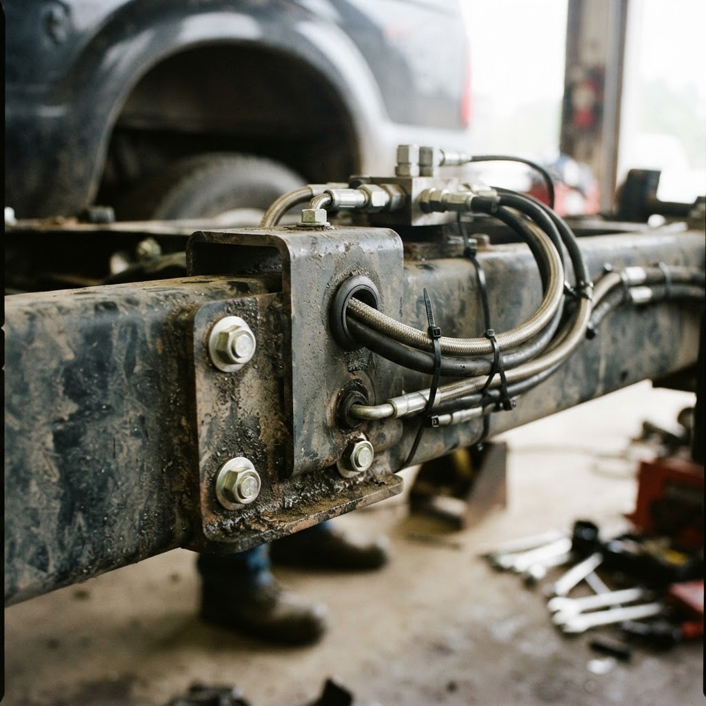 A close-up, high-contrast shot of a heavy-duty steel mounting bracket bolted to a truck frame, showi