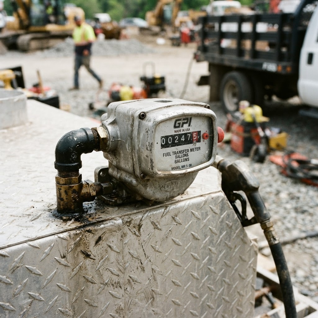 A documentary-style, close-up shot showing a GPI mechanical fuel meter installed on a rugged aluminu