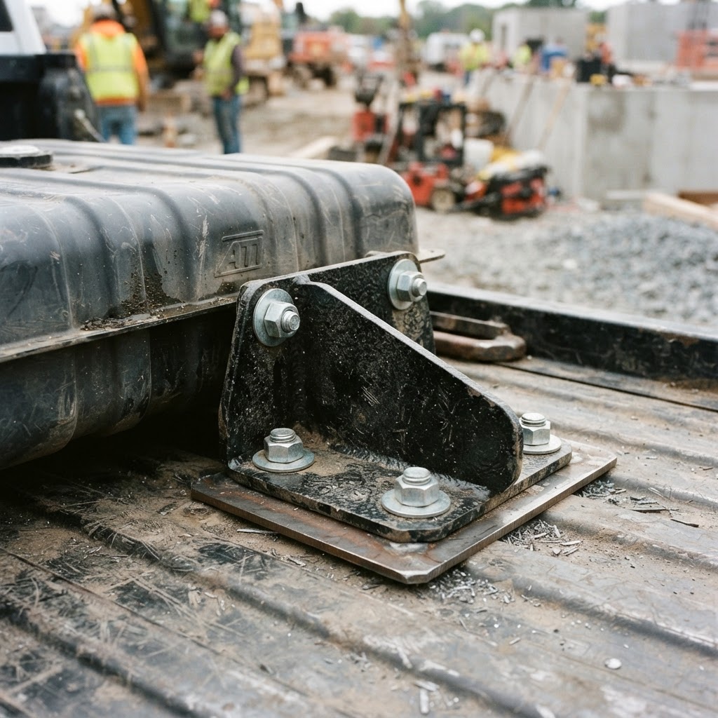 A close-up, gritty shot of a heavy-duty mounting bracket bolted through a truck bed, showing the rei