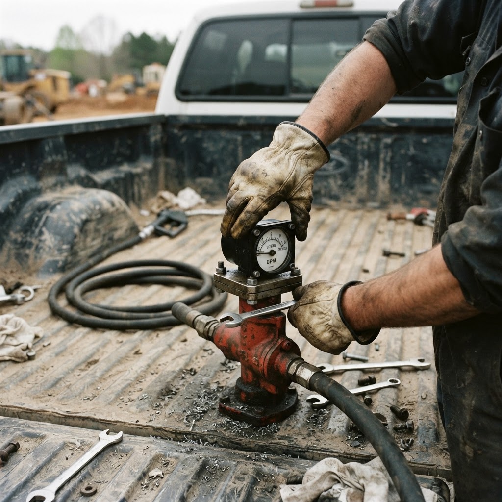 A close-up shot of a mechanic's gloved hands tightening the four-bolt flange of a GPI mechanical met