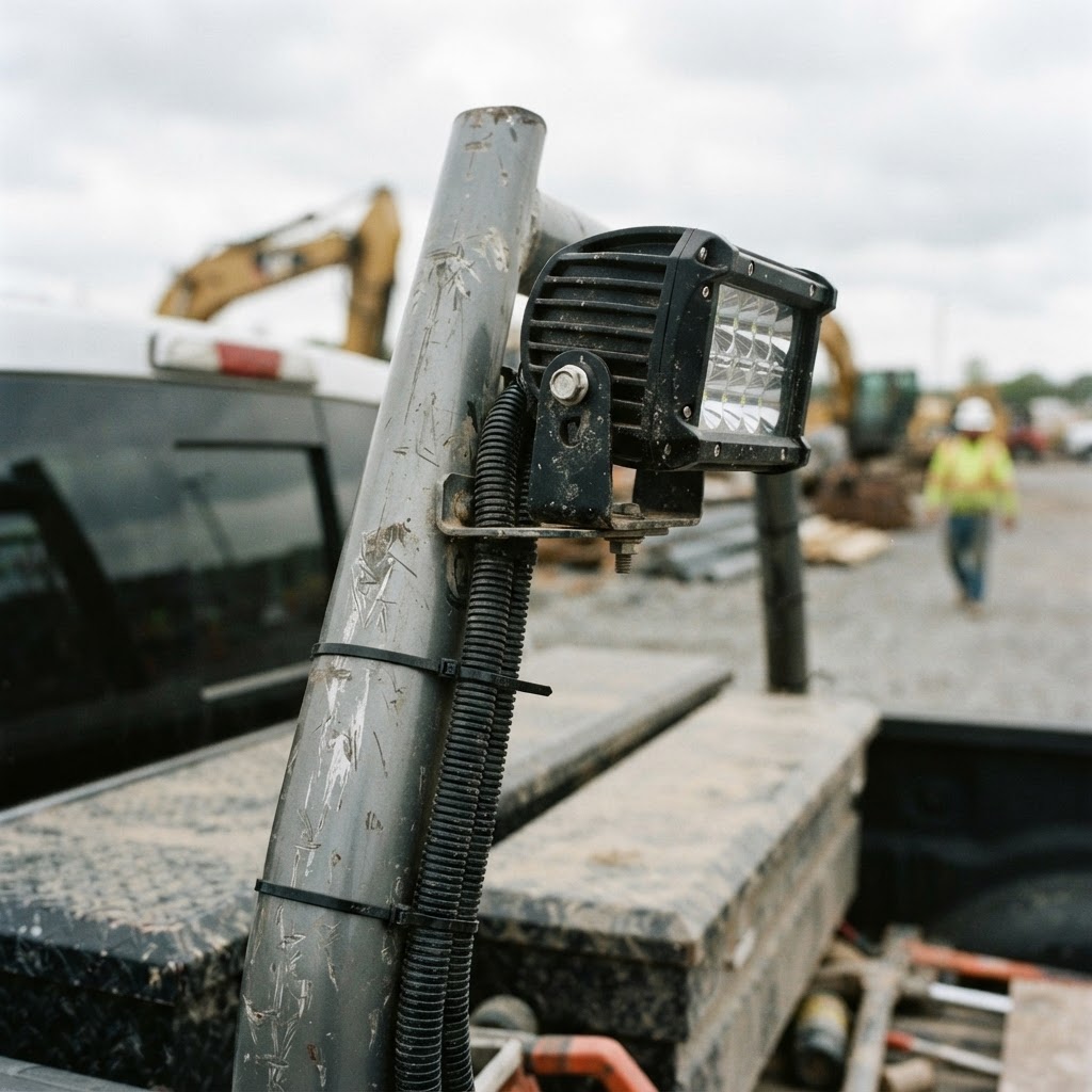 A close-up shot of a rugged, black-powder-coated LED work light mounted to the headache rack of a wo
