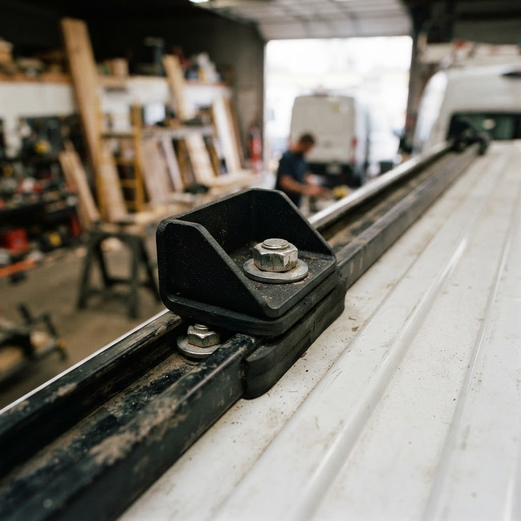 A close-up, high-contrast shot of the Vantech H1 mounting bracket secured to the Ford Transit roof r