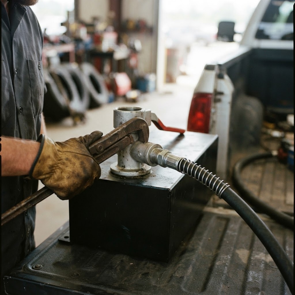 A close-up, high-angle shot of the GPI Deluxe Dual Flo Hand Pump mounted to a black steel L-shaped t