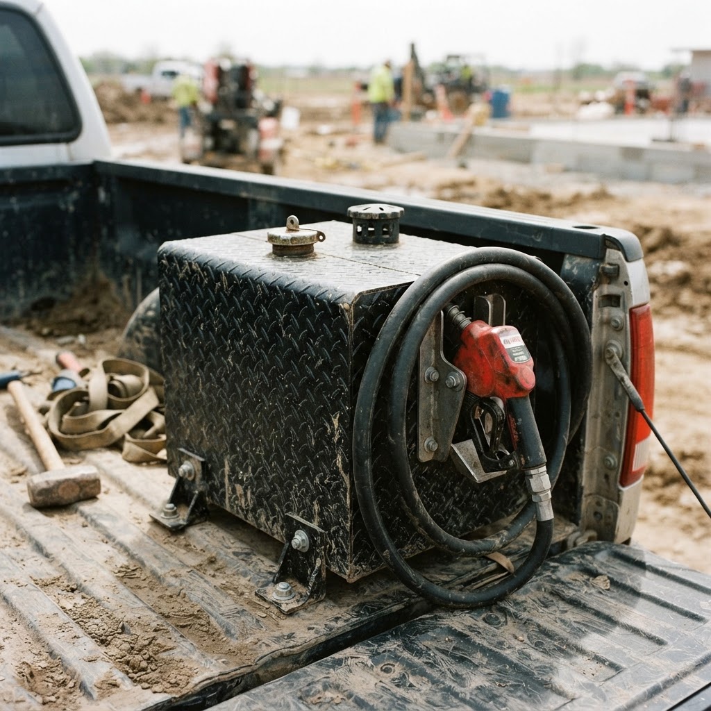 A close-up, high-contrast shot of a black powder-coated aluminum transfer tank bolted securely into 