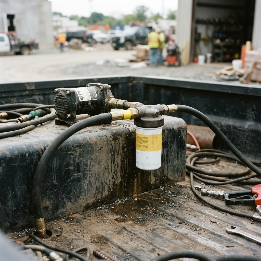 A close-up, documentary-style photo of a GPI filter kit installed on a 12V transfer pump in the bed