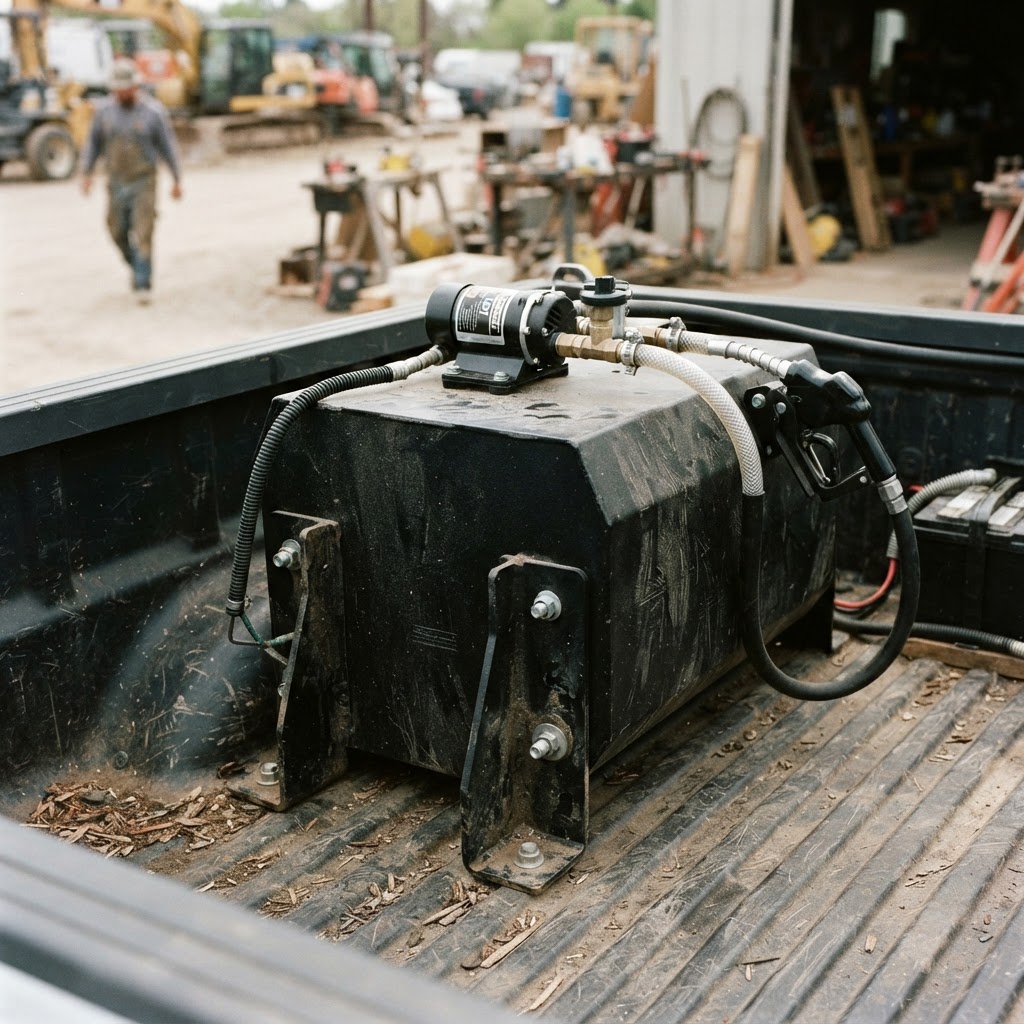 A close-up, high-contrast shot of a black powder-coated transfer tank mounted in a truck bed, showin