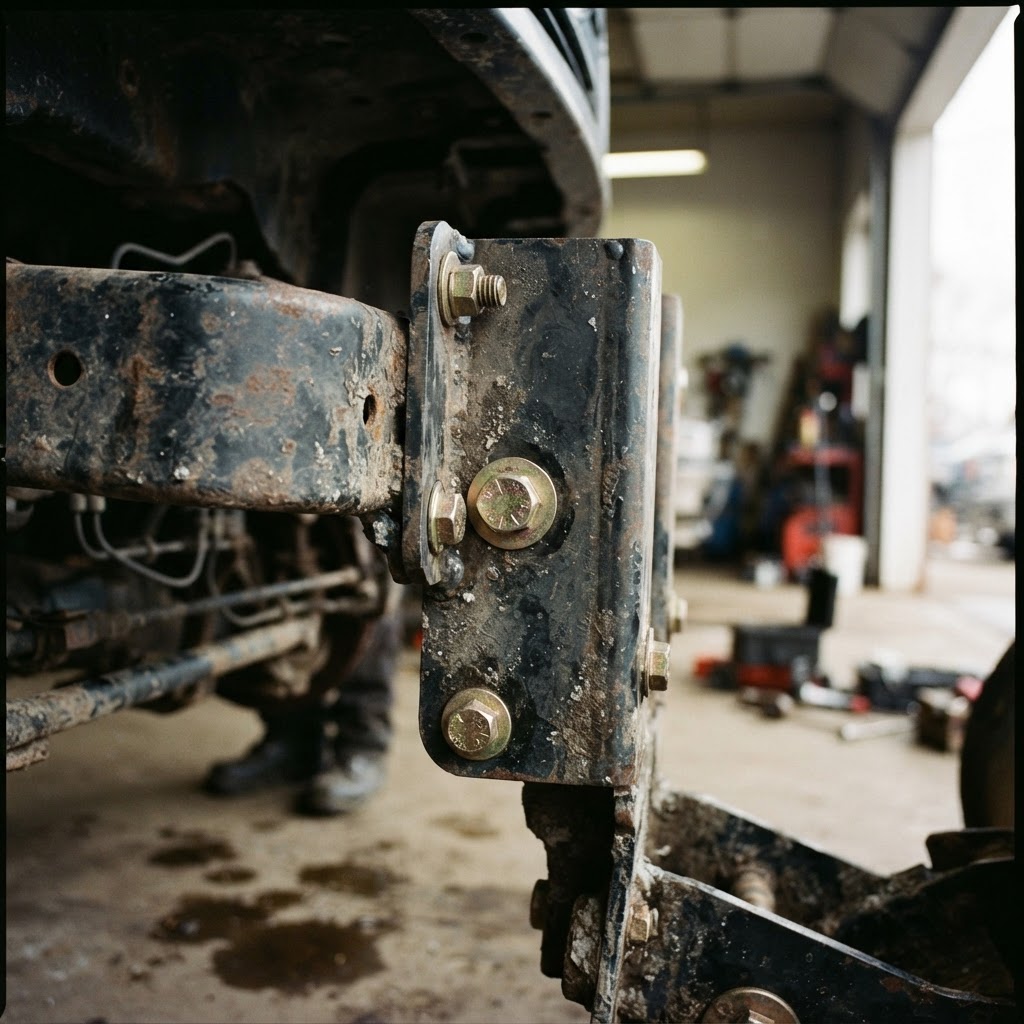 A detailed close-up of a DK2 plow custom mounting bracket bolted to a truck frame, showing signs of