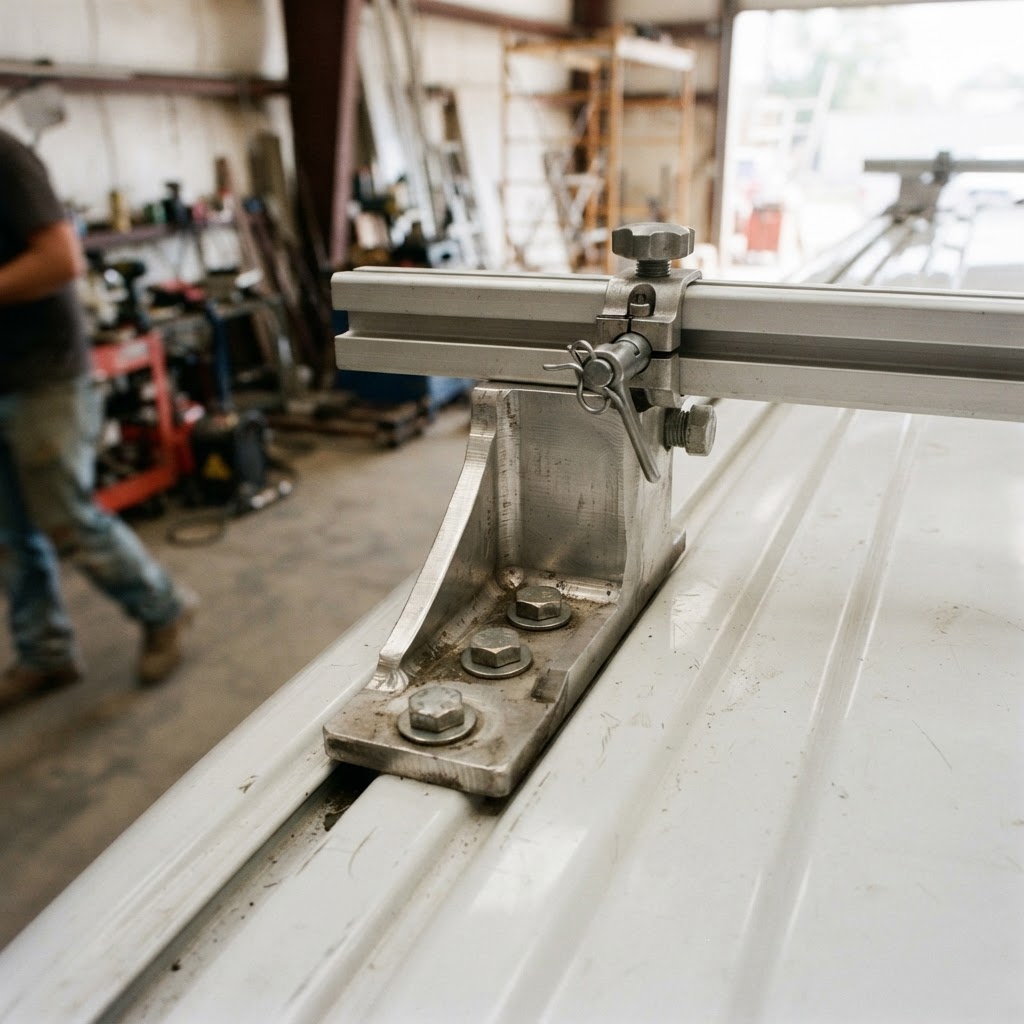 A close-up, low-angle shot of a heavy-duty aluminum mounting bracket bolted securely to the roof cha