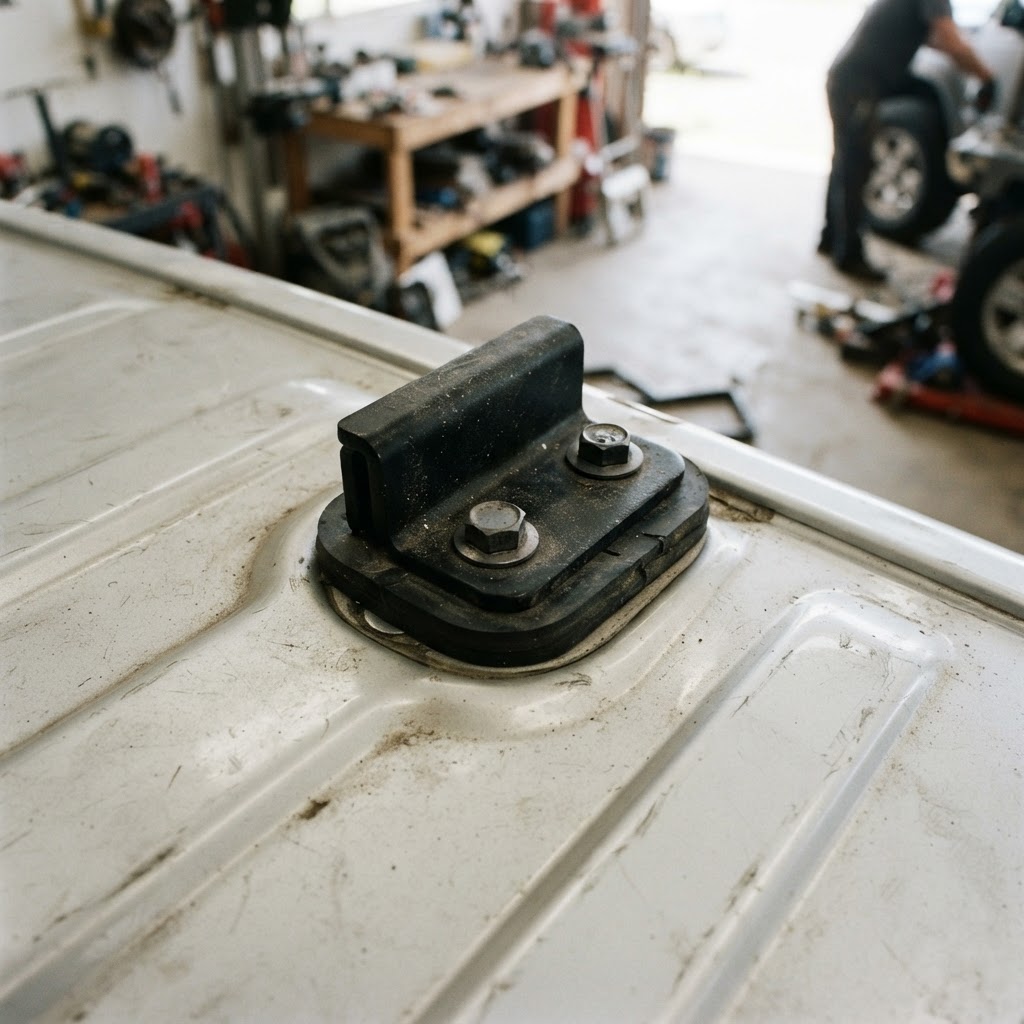 A close-up, high-angle shot of the Vantech H1 mounting bracket bolted into the Ford Transit factory 