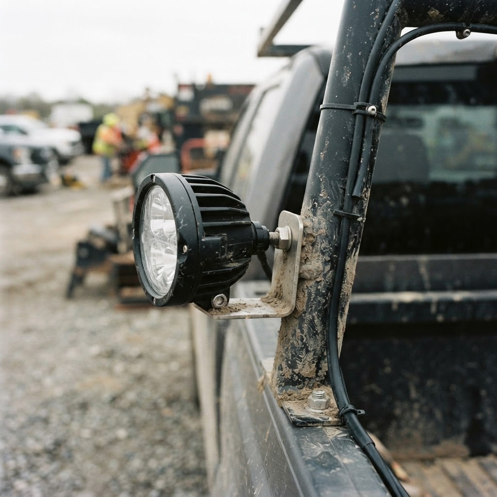 A close-up shot of a 4.5-inch LED pod mounted to a steel headache rack, showing the clean wiring run