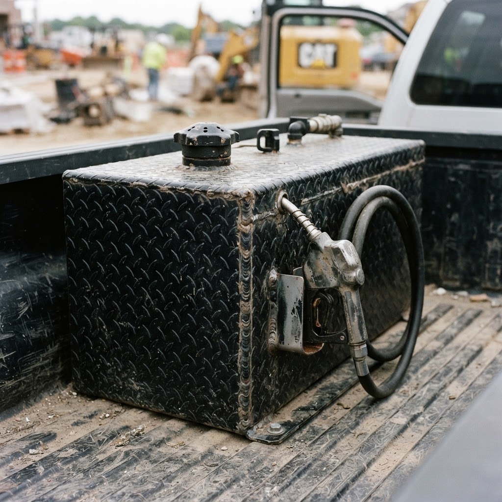 A close-up, high-contrast shot of a black diamond-plate ATI transfer tank mounted in a truck bed, sh