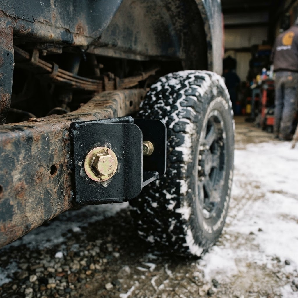 A documentary-style close-up of a heavy-duty black powder-coated custom mounting bracket bolted to t