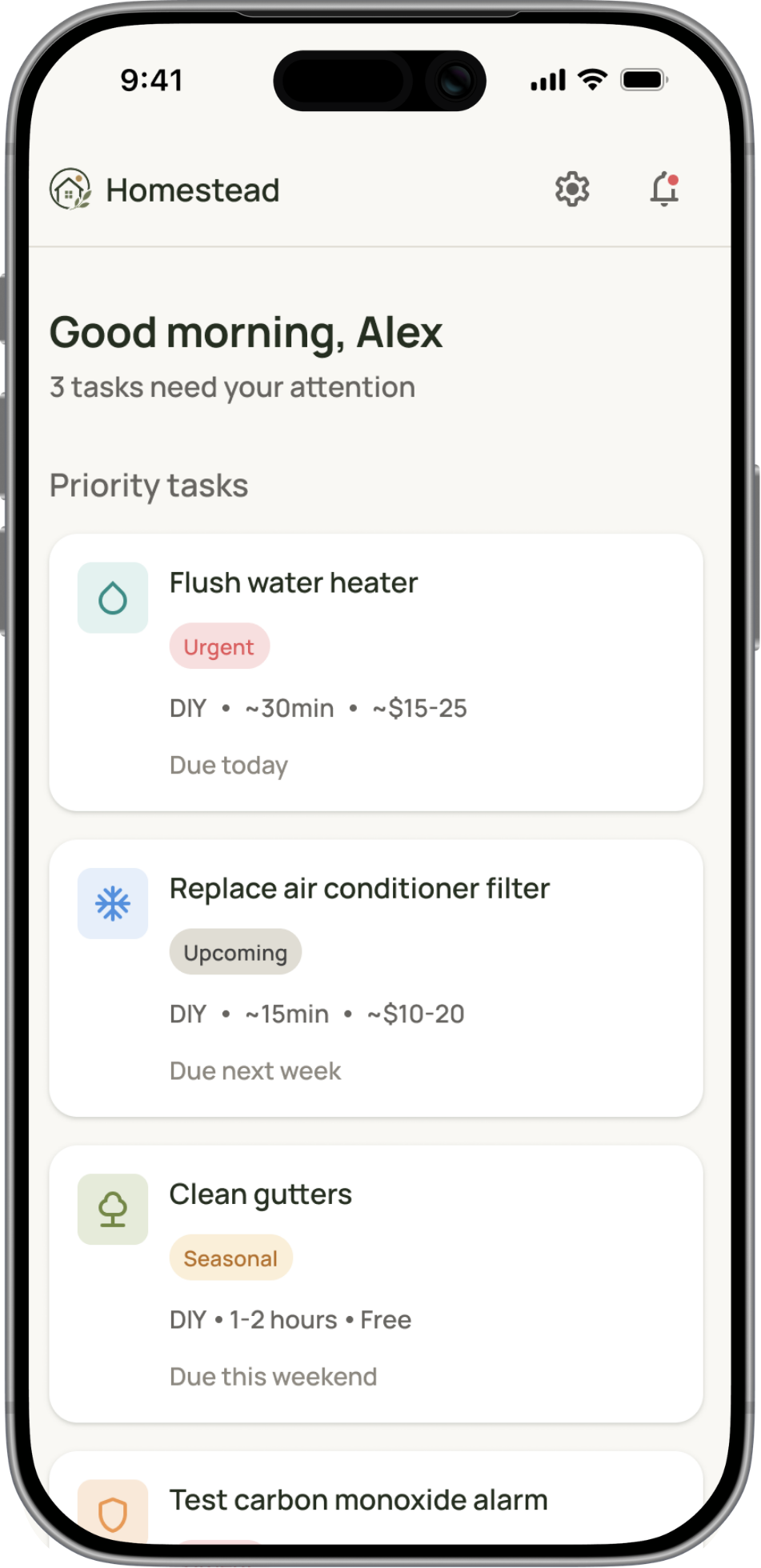 Homestead mobile dashboard showing priority maintenance tasks
