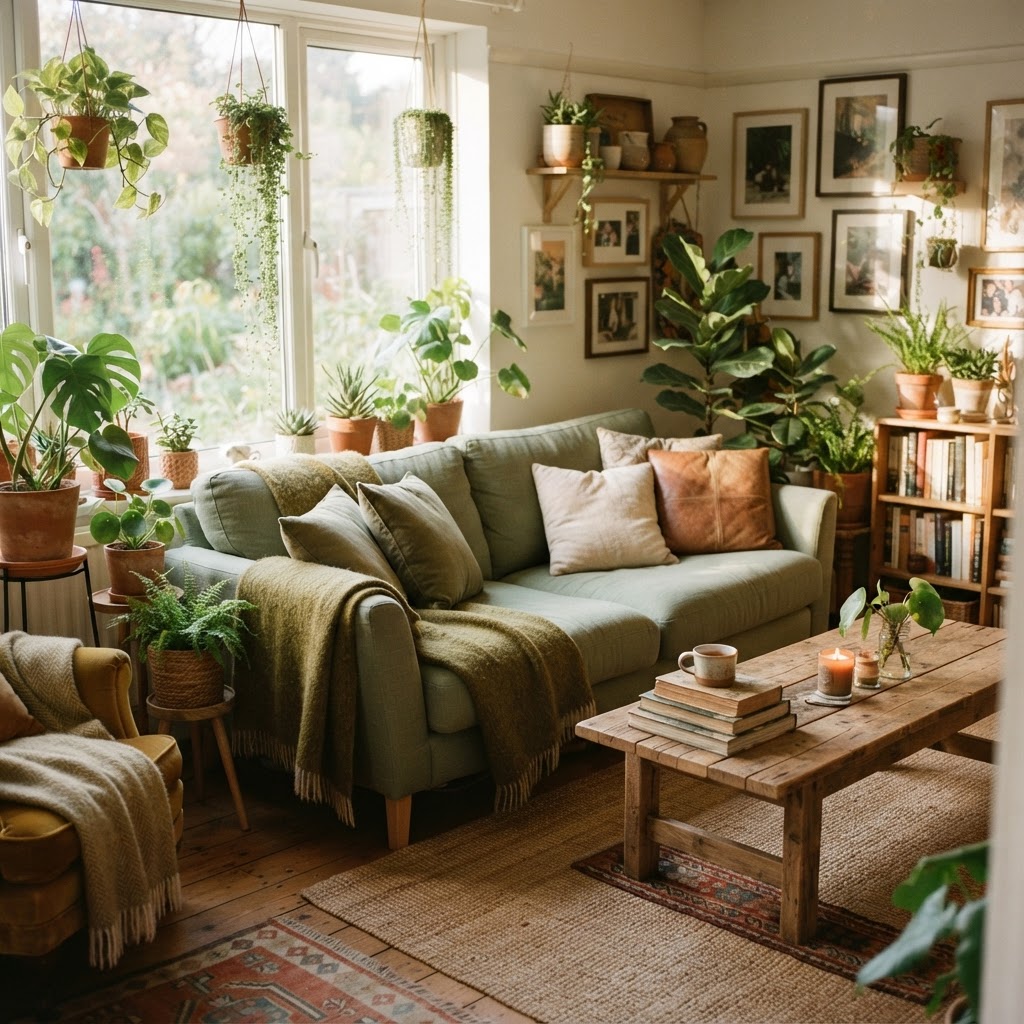 A cozy, plant-filled living room in warm sage tones
