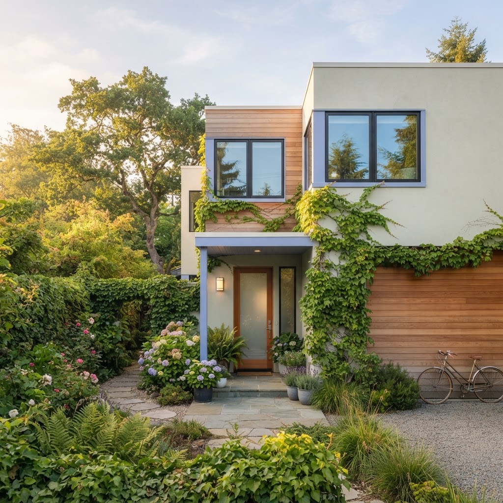A bright, airy modern home in soft sage and periwinkle tones