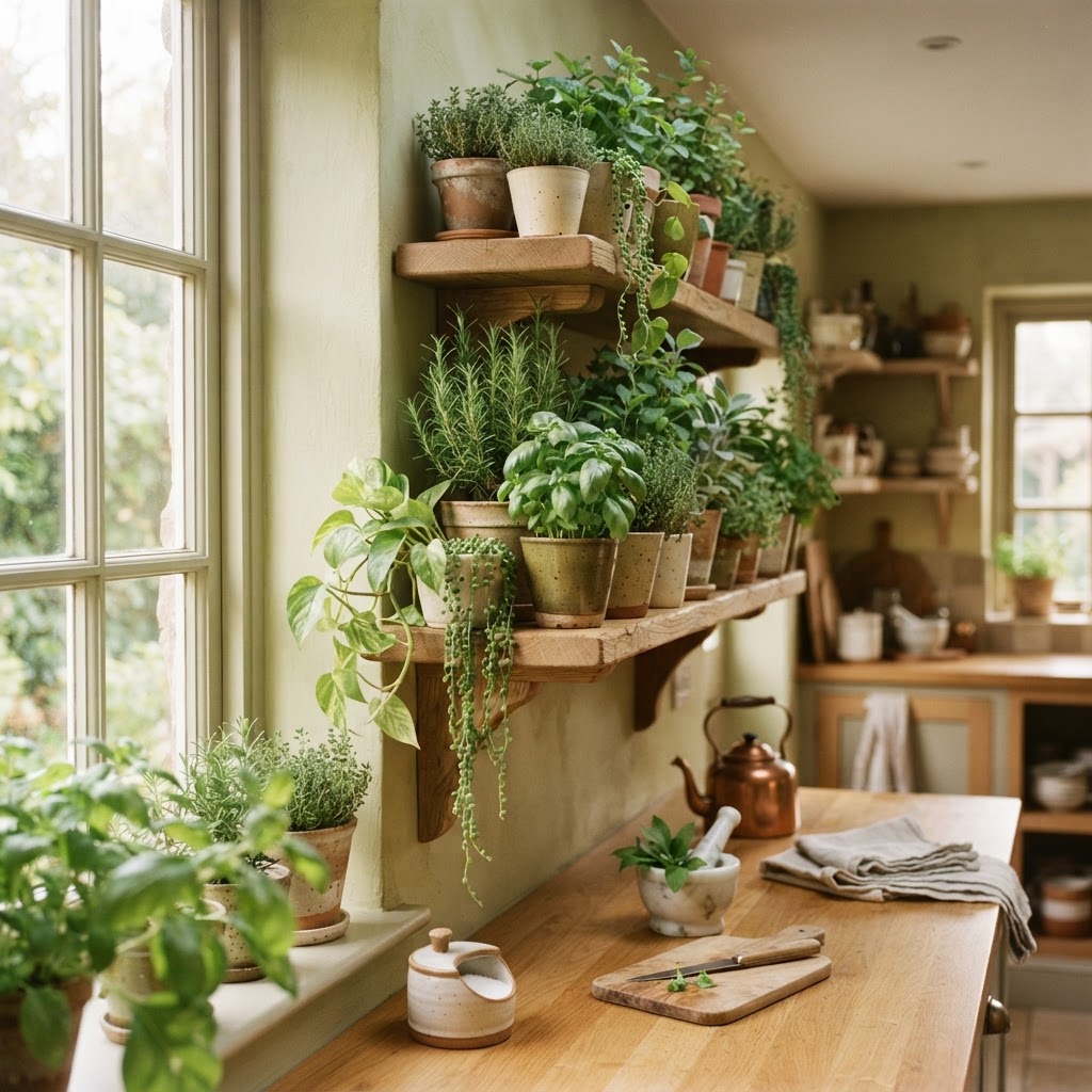A sunlit shelf of potted greenery and herbs