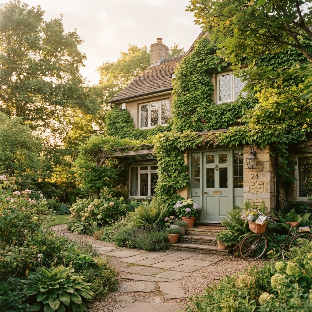 A warm, ivy-draped home exterior in soft green light