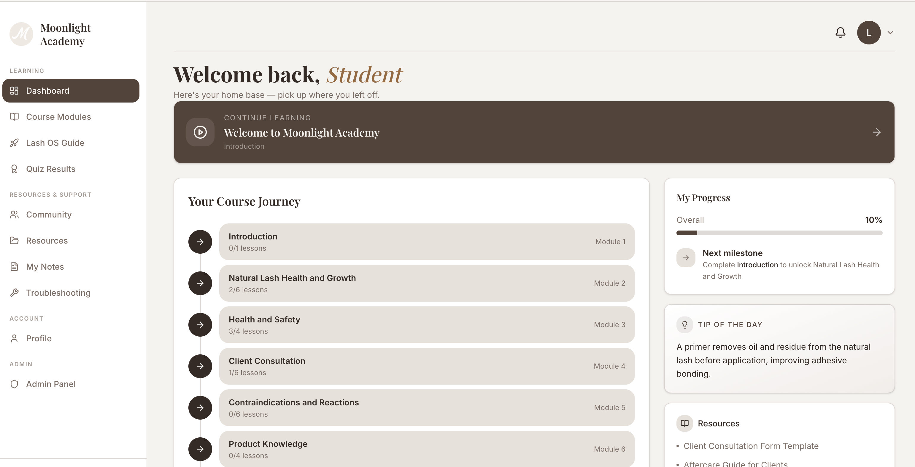 Inside the Moonlight Academy course portal showing modules, lessons, progress tracking and resources