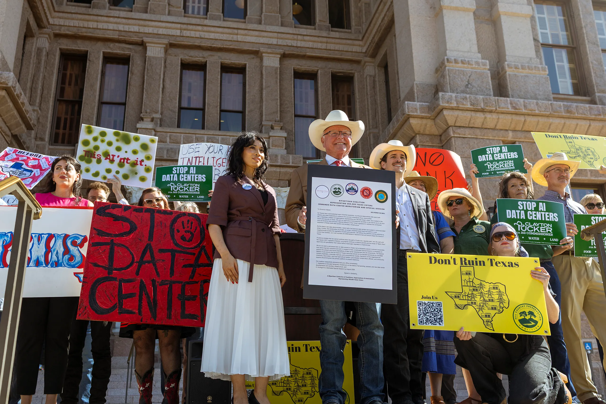 Protestors on the steps of the Texas Capitol demanding a data center moratorium