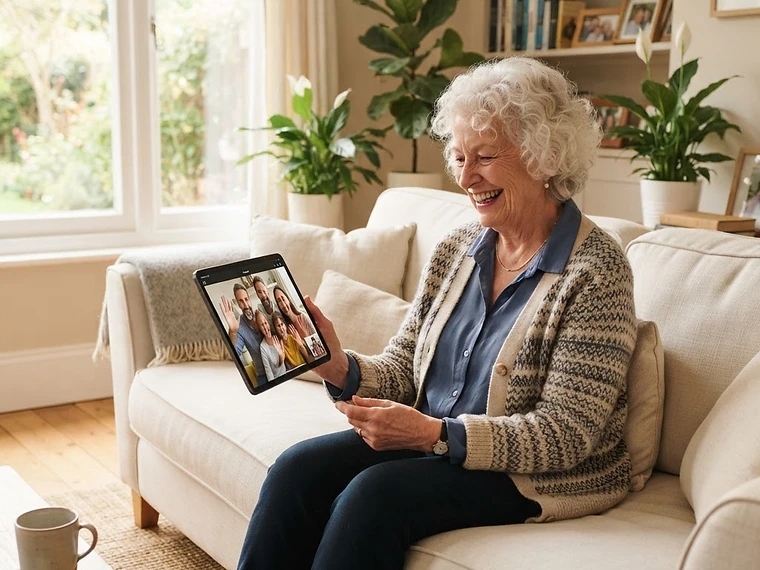 Señora mayor sonriendo mientras hace una videollamada con su tablet