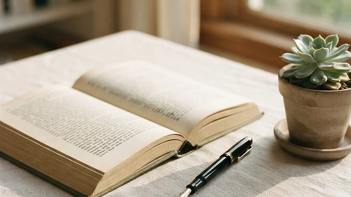 An open book and a small plant on a pale surface in warm afternoon light
