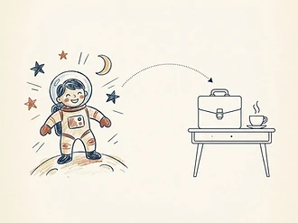 A child's crayon drawing of an astronaut beside a line drawing of an adult's briefcase and coffee, with a dotted arrow curving between them.