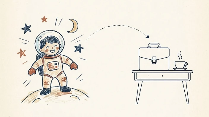 An editorial illustration of a child's crayon drawing of an astronaut beside a line drawing of an adult's briefcase and coffee, with a dotted arrow curving between them.