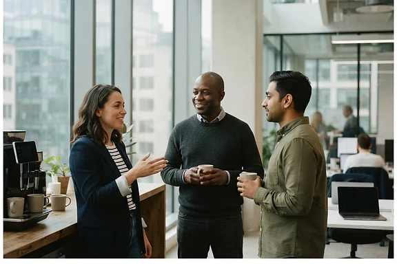 Colleagues in natural conversation beside a window in a contemporary city office, early morning; desks and screens present but secondary.