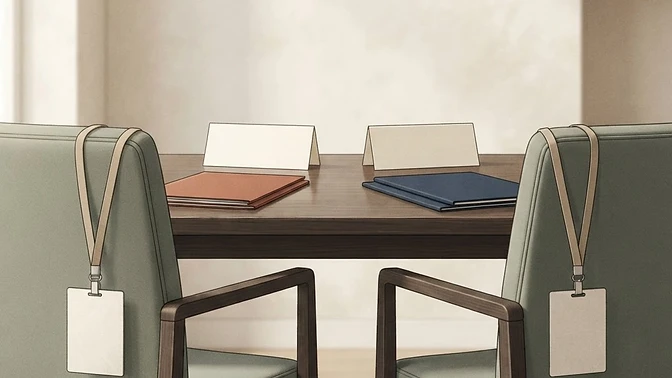 Two empty office chairs facing each other across a bare meeting table with conference lanyards, name cards and two differently coloured folders, in warm neutral tones.
