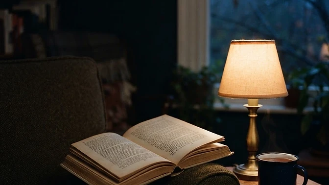 A book resting beside a warm table lamp on an armchair, with a dark window beyond and rain on the glass.
