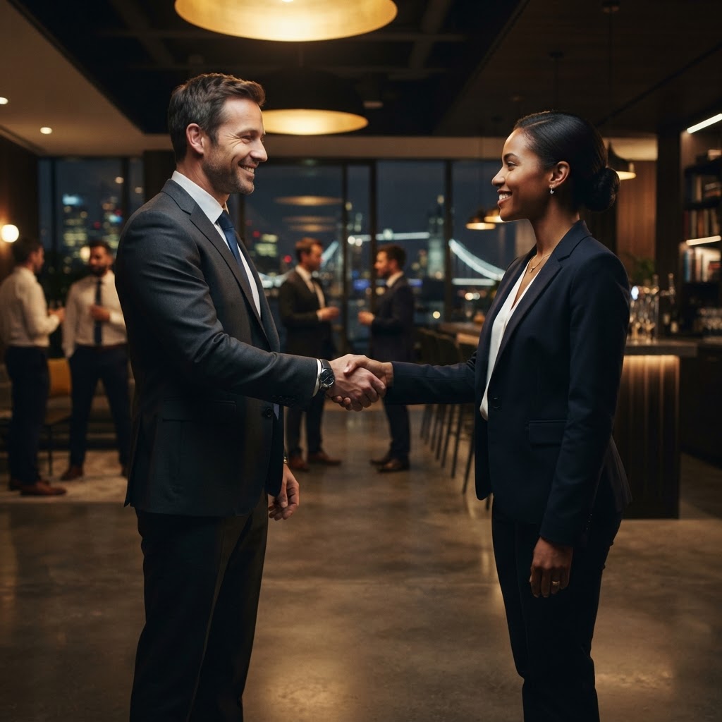 Two business professionals shaking hands in partnership