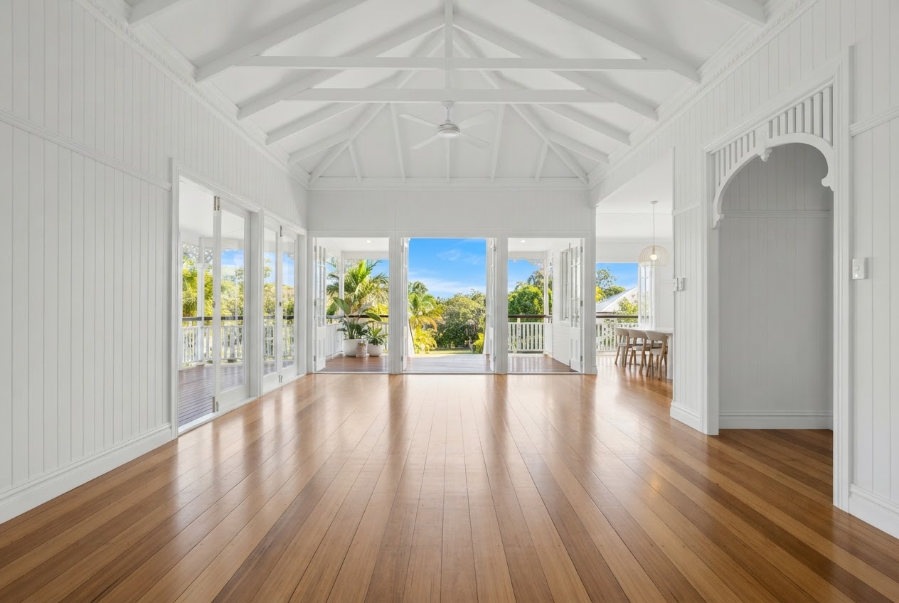 Empty restored Queenslander interior in bright subtropical light