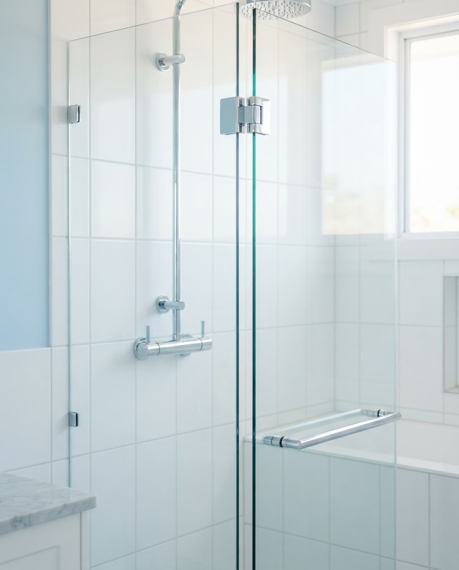 Pristine glass and chrome bathroom
