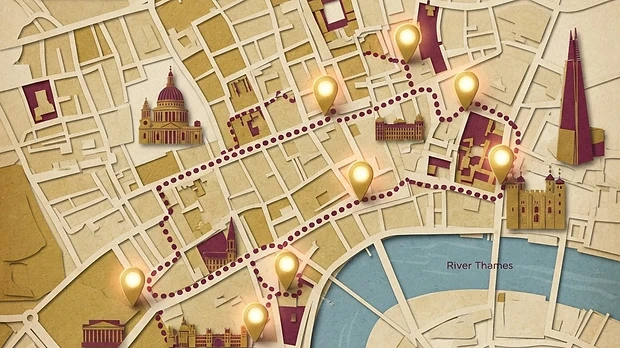 A paper-cutout style map of the City of London with the hunt trail