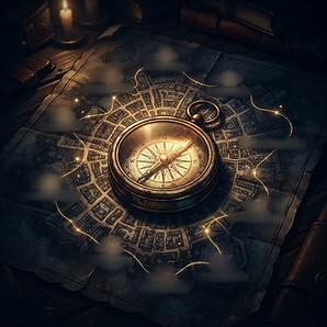 A brass compass on a weathered city map, marking the hunt trail