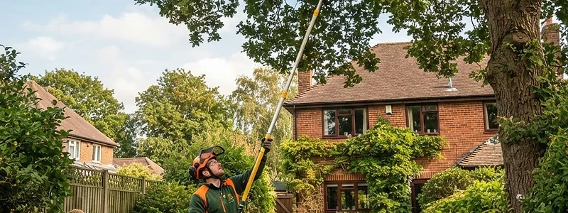 A person using a long telescopic pole pruner to trim high branches of a mature oak tree in a British suburban back garden